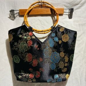 Floral Chinoiserie Embroidered Black Handbag w/Bamboo Handles, Zip Close